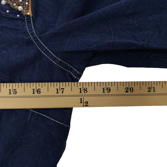 Affliction Snap Front Shirt Womens S Roll Tab 3/4 Sleeve Blue Cross Rhinestones - Picture 5 of 16